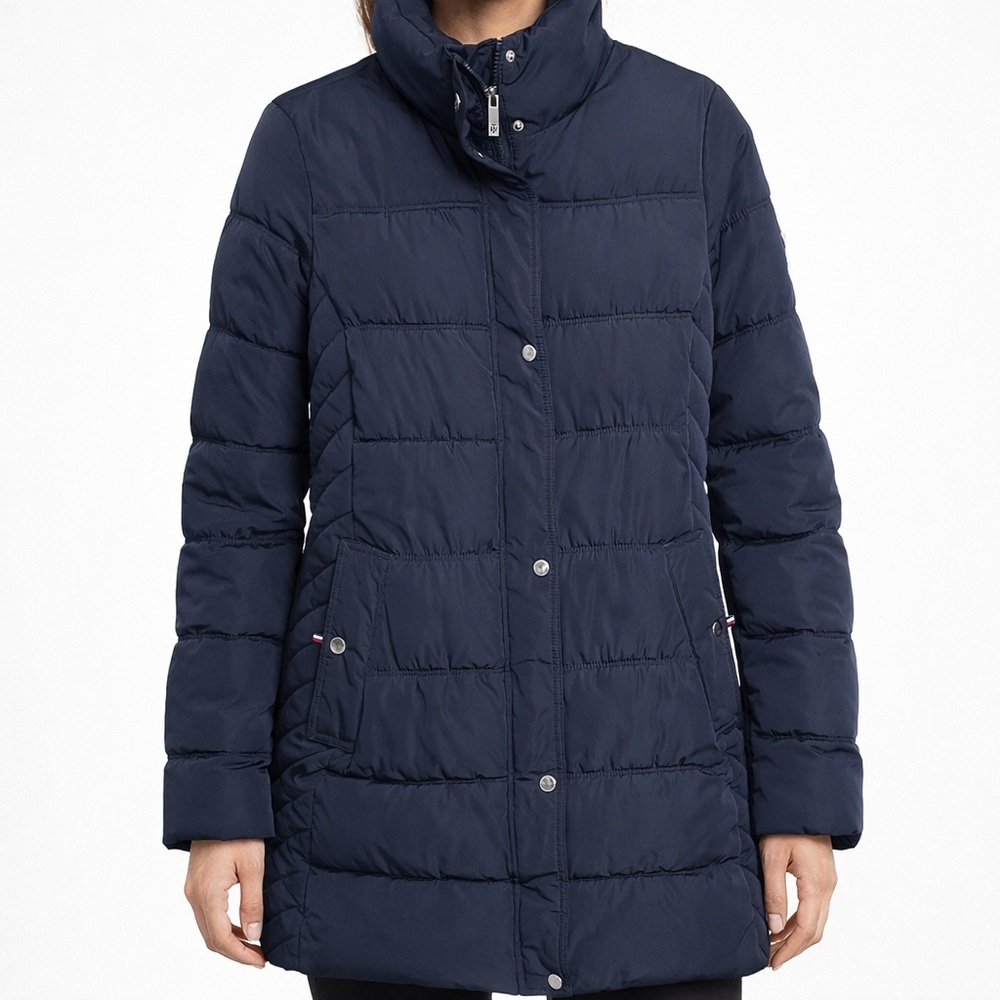 Tommy Hilfiger Navy Long Puffer Coat Quilted Snap Zip Jacket Women’s Size Small
